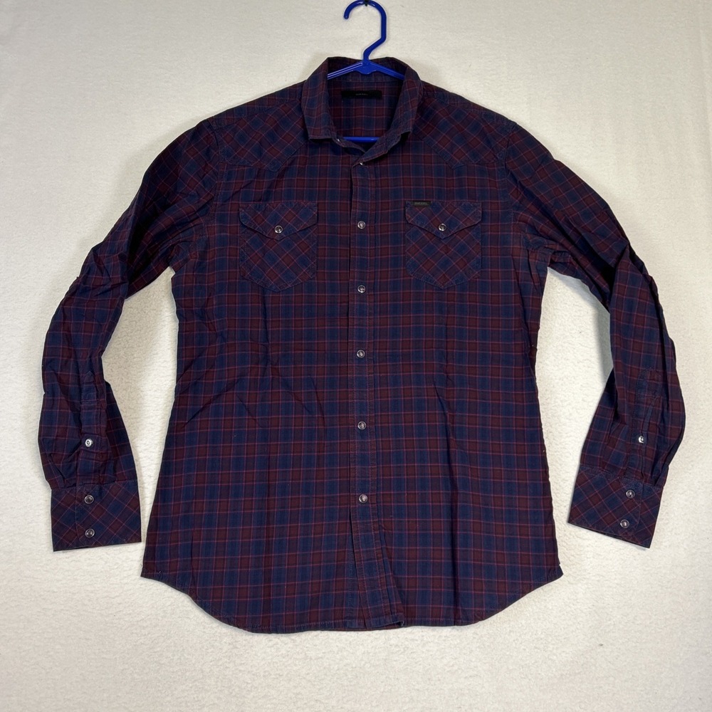 Diesel Shirt Womens Medium Plaid Purple Blue Snap Western Long Sleeve Button Up